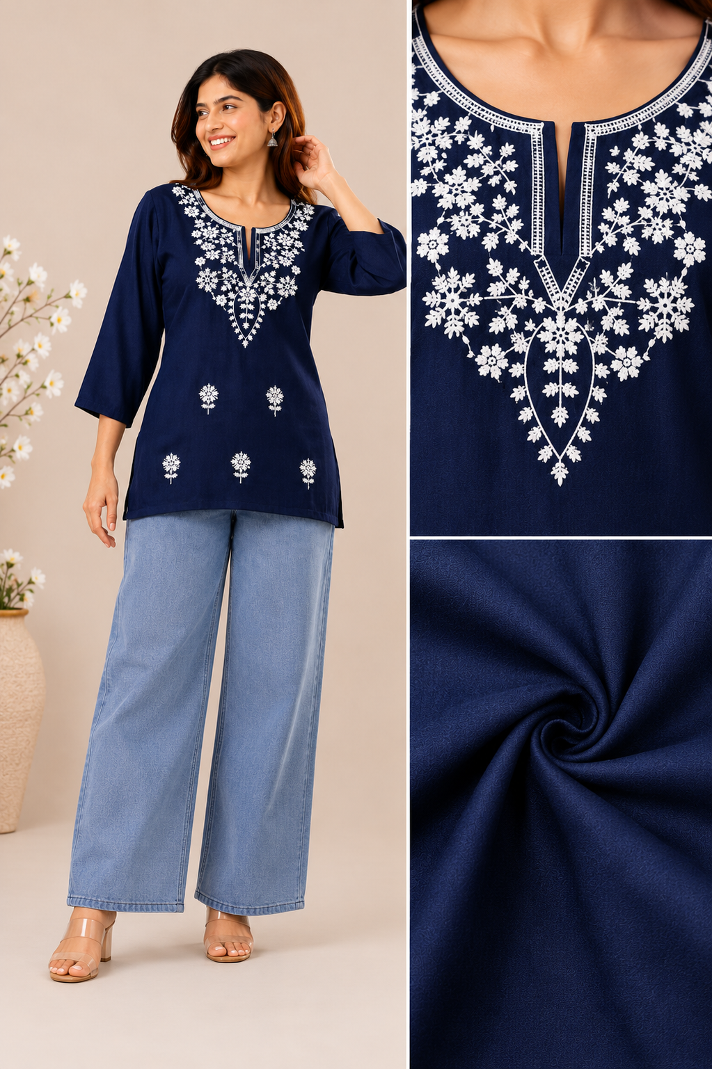 Women Rayon Chicken Embroidery Short Kurti