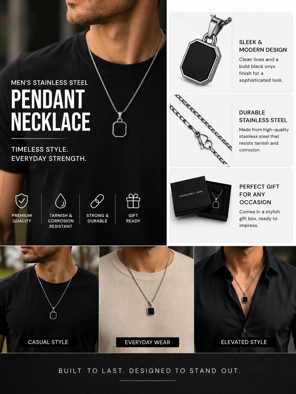Men's Minimal Black Pendant Necklace
