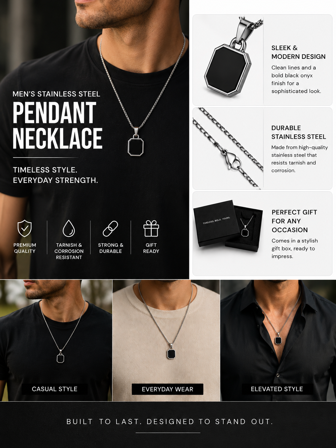 Men's Minimal Black Pendant Necklace