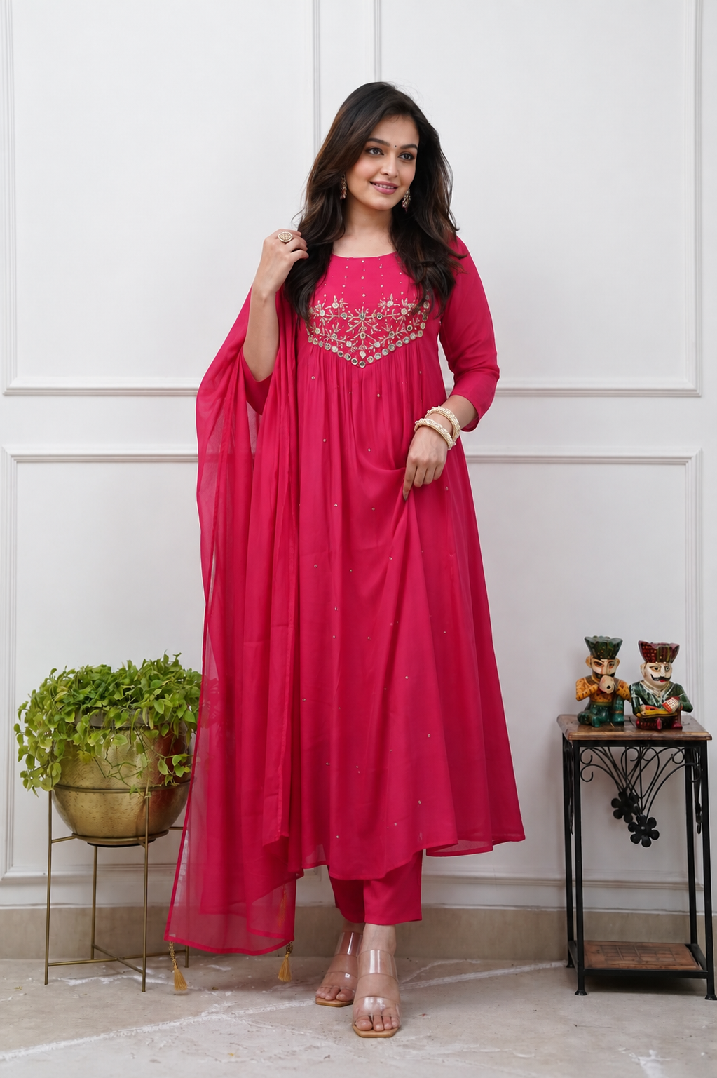 Pink Anarkali Kurti Set for Women with Dupatta
