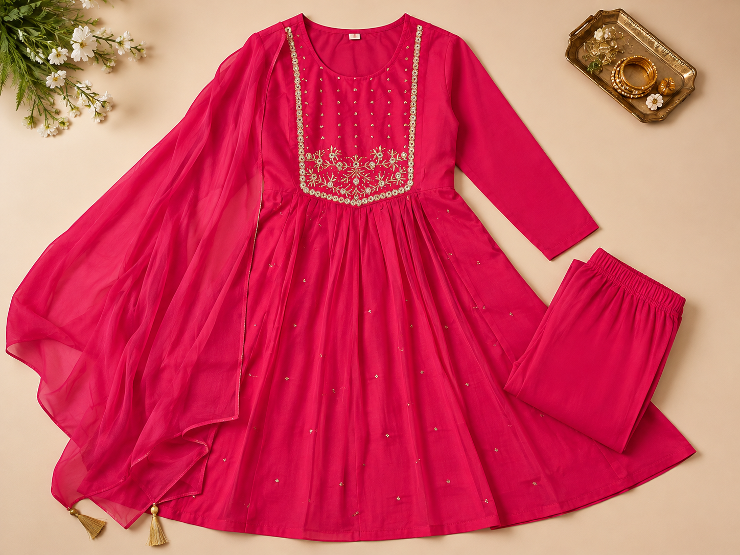 Pink Anarkali Kurti Set for Women with Dupatta