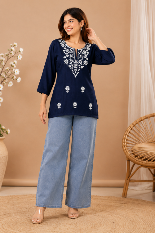 Women Rayon Chicken Embroidery Short Kurti